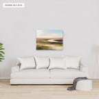 The River Bend canvas, 40 x 30 in, above a sofa; room setting for illustration