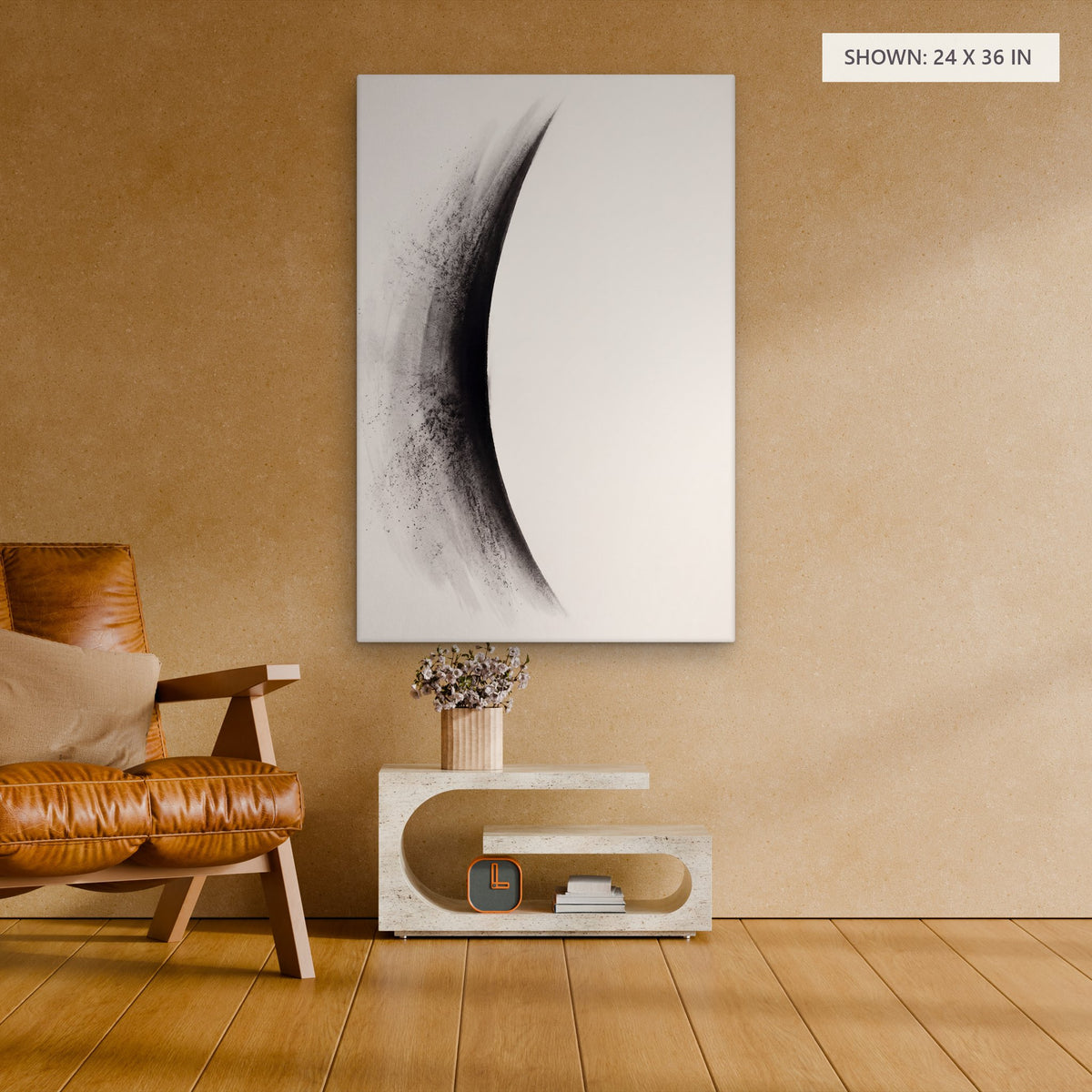 The Waning Crescent canvas, 24 x 36 in, above an armchair, beside a side table; room setting for illustration