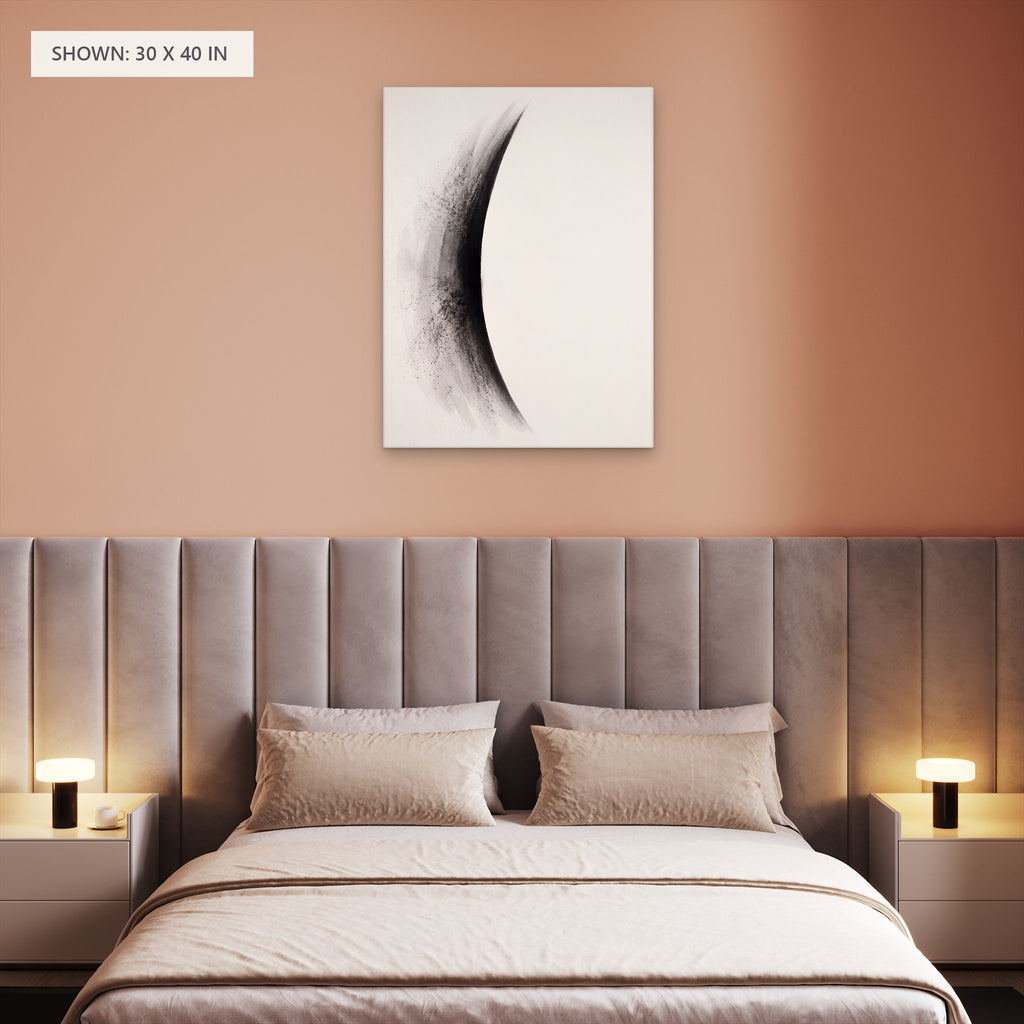 The Waning Crescent canvas, 30 x 40 in, above a bed; room setting for illustration