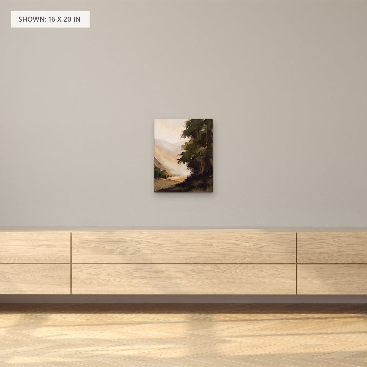 The Wooded Valley canvas, 16 x 20 in, above a sideboard; room setting for illustration