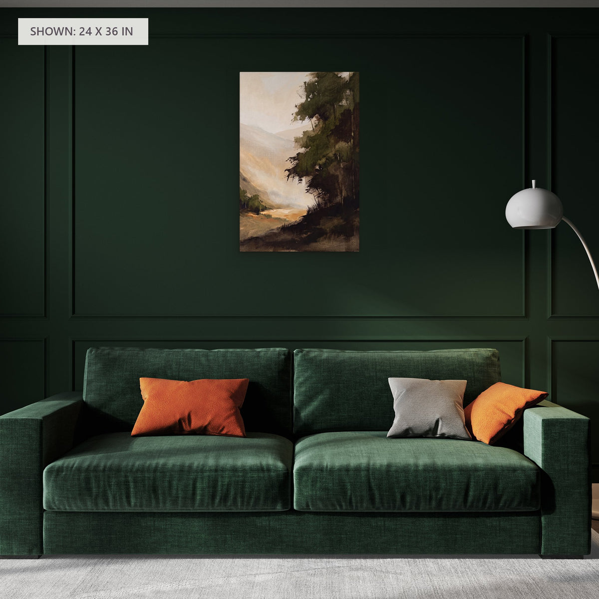 The Wooded Valley canvas, 24 x 36 in, above a sofa; room setting for illustration