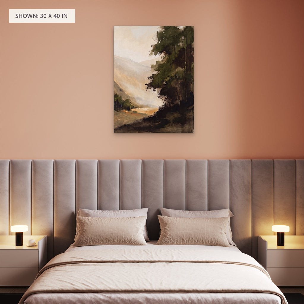 The Wooded Valley canvas, 30 x 40 in, above a bed; room setting for illustration