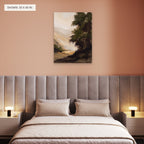The Wooded Valley canvas, 30 x 40 in, above a bed; room setting for illustration