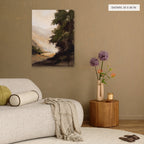 The Wooded Valley canvas, 30 x 40 in, above a side table; room setting for illustration