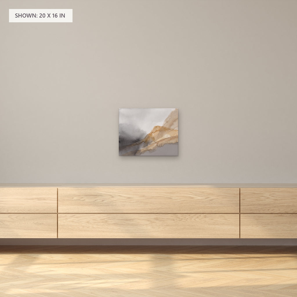 Where the Fog Gathers canvas, 20 x 16 in, above a sideboard; room setting for illustration