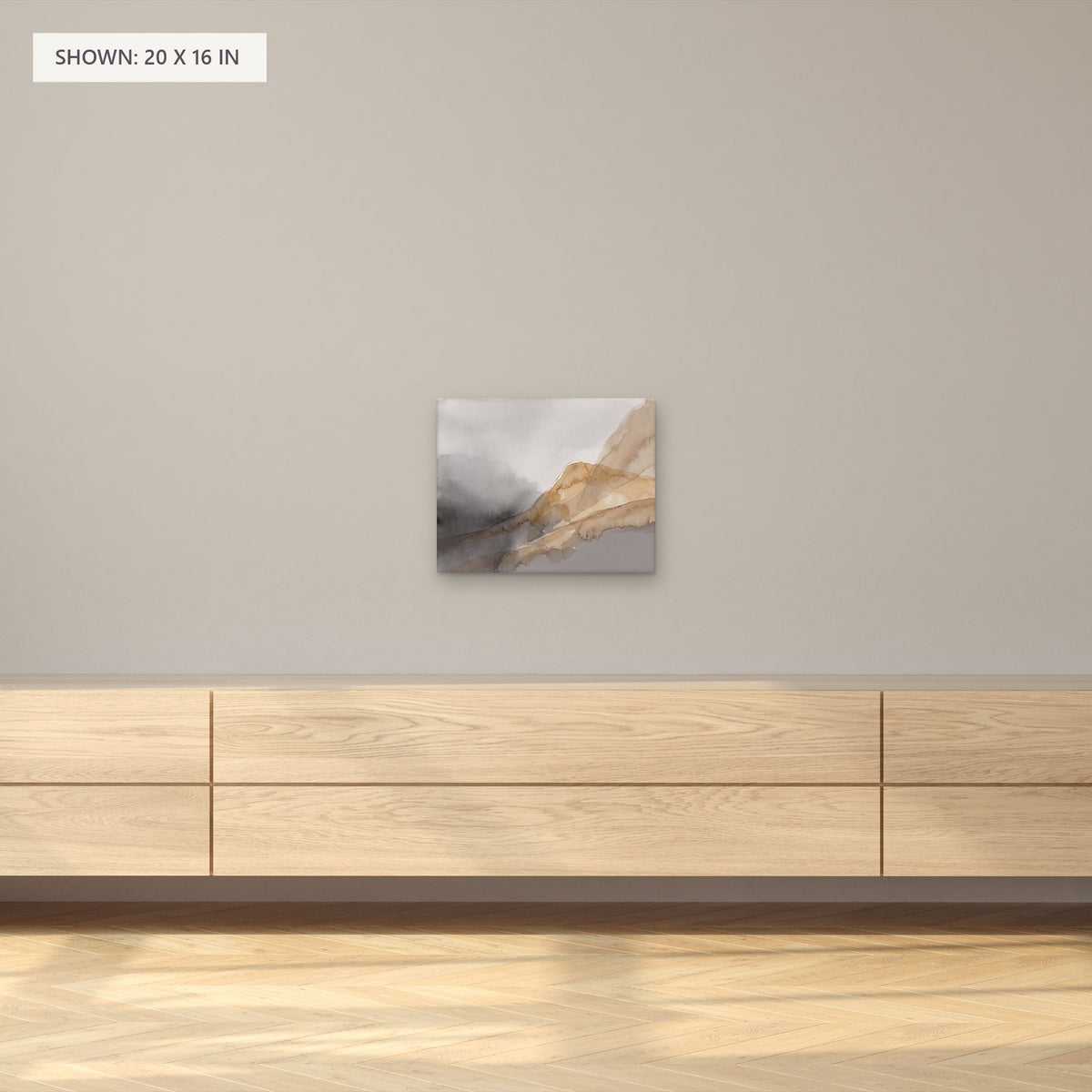 Where the Fog Gathers canvas, 20 x 16 in, above a sideboard; room setting for illustration