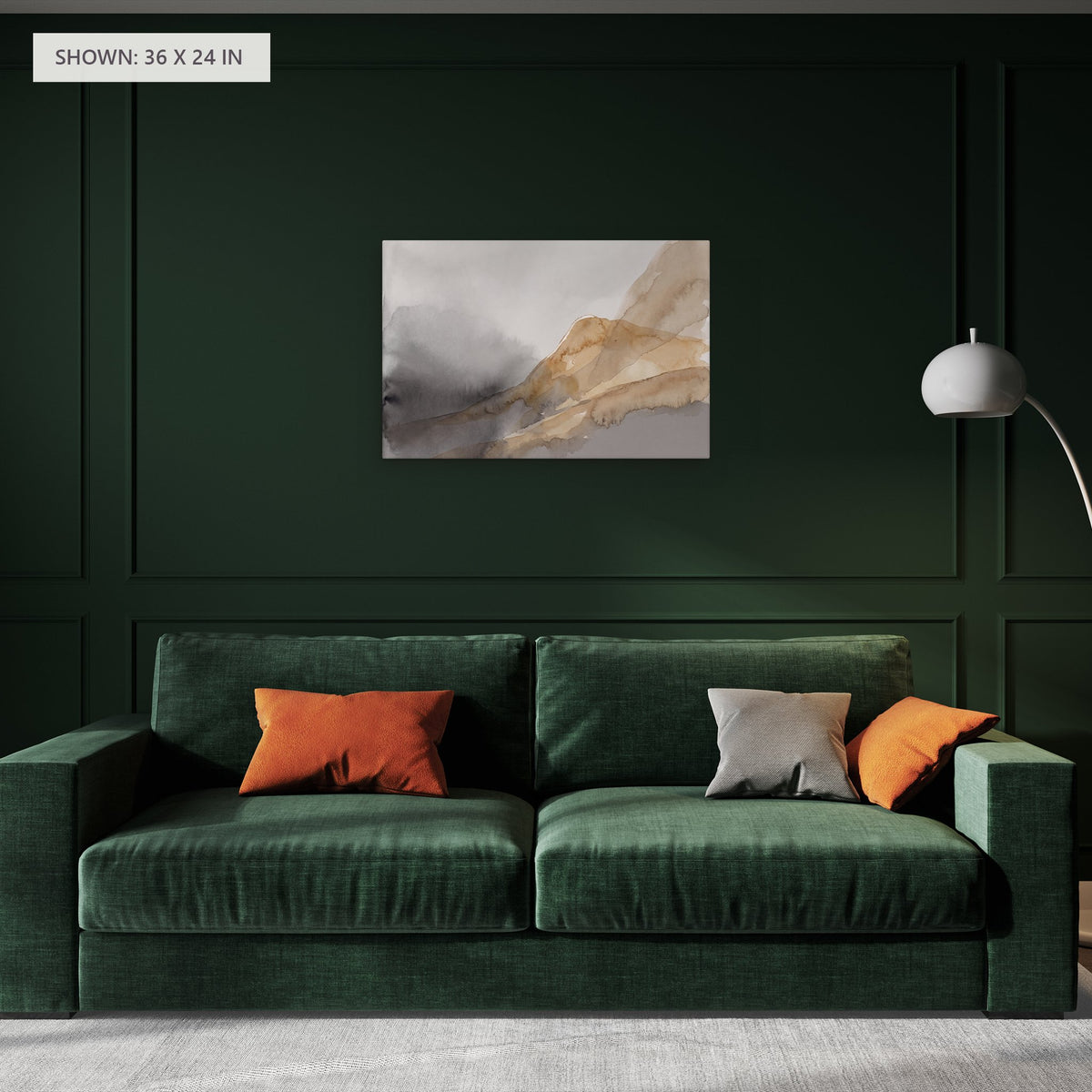 Where the Fog Gathers canvas, 36 x 24 in, above a green velvet sofa; room setting for illustration