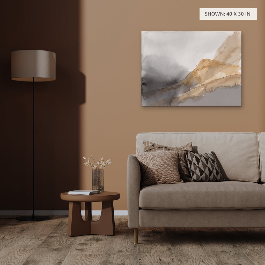 Where the Fog Gathers canvas, 40 x 30 in, above an armchair; room setting for illustration