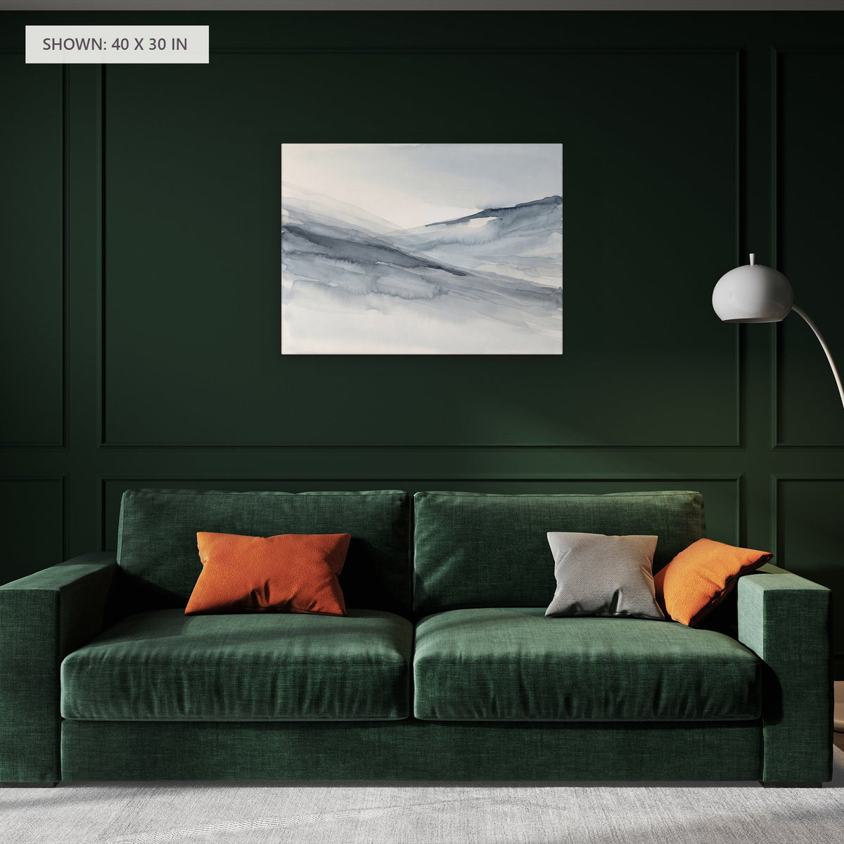 Where the Slopes Meet canvas, 40 x 30 in, above a sofa; room setting for illustration